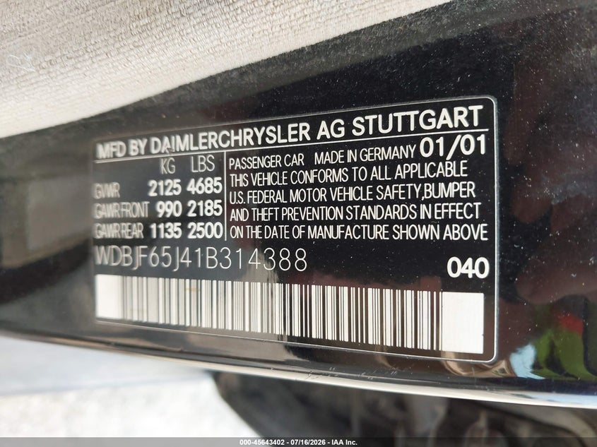 2001 Mercedes-Benz E 320 VIN: WDBJF65J41B314388 Lot: 45643402