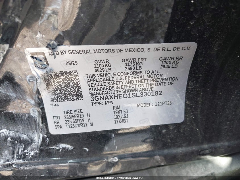 CHEVROLET EQUINOX 2025 VIN 3GNAXHEG1SL330182