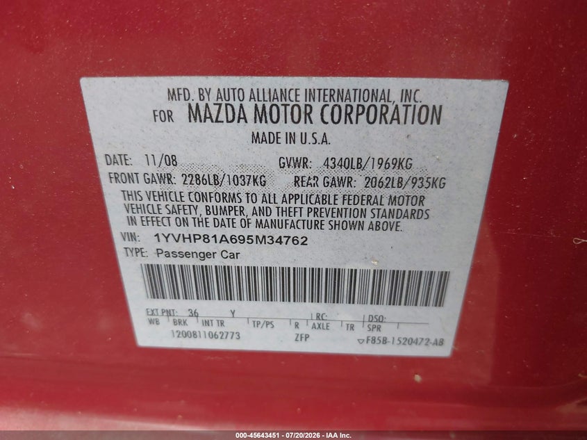 2009 Mazda Mazda6 I Sport VIN: 1YVHP81A695M34762 Lot: 45643451