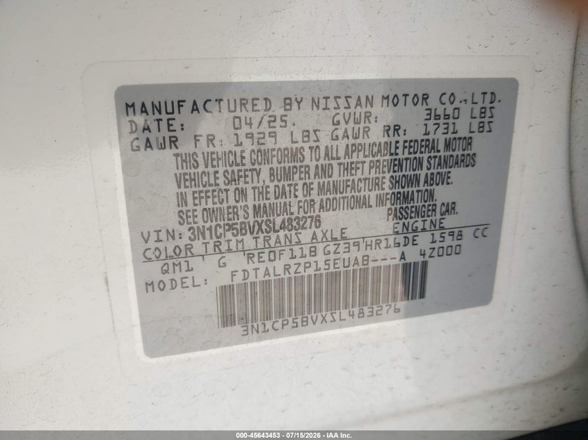 2025 Nissan Kicks Play S VIN: 3N1CP5BVXSL483276 Lot: 45643453
