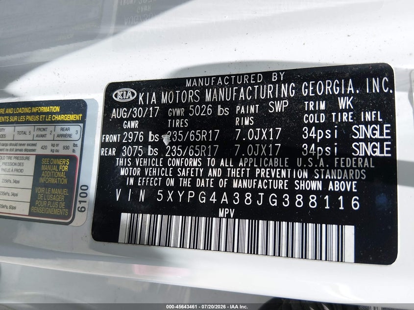 2018 Kia Sorento 2.4L Lx VIN: 5XYPG4A38JG388116 Lot: 45643461