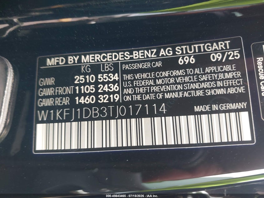 2026 Benz Cla-Class Cla250 4Ma VIN: W1KFJ1DB3TJ017114 Lot: 45643465