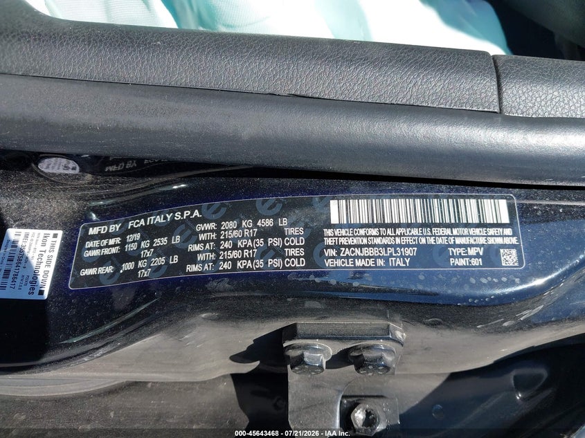 2020 Jeep Renegade Latitude 4X4 VIN: ZACNJBBB3LPL31907 Lot: 45643468