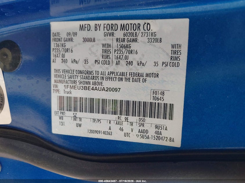 2010 Ford Explorer Sport Trac Xlt VIN: 1FMEU3BE4AUA20097 Lot: 45643487