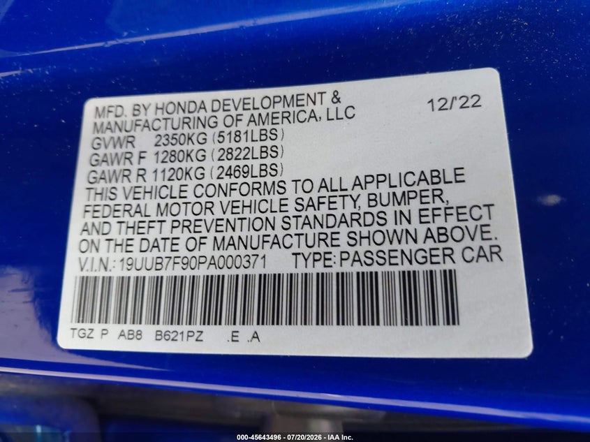 2023 Acura Tlx Type S - Hp Wheel And Tire VIN: 19UUB7F90PA000371 Lot: 45643496