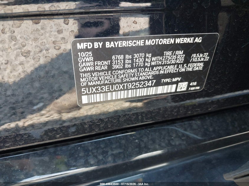 2026 BMW X5 M60I VIN: 5UX33EU0XT9252347 Lot: 45643500