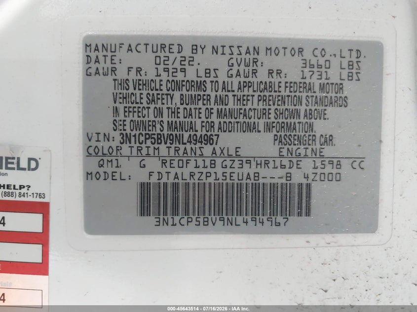 2022 Nissan Kicks S Xtronic Cvt VIN: 3N1CP5BV9NL494967 Lot: 45643514