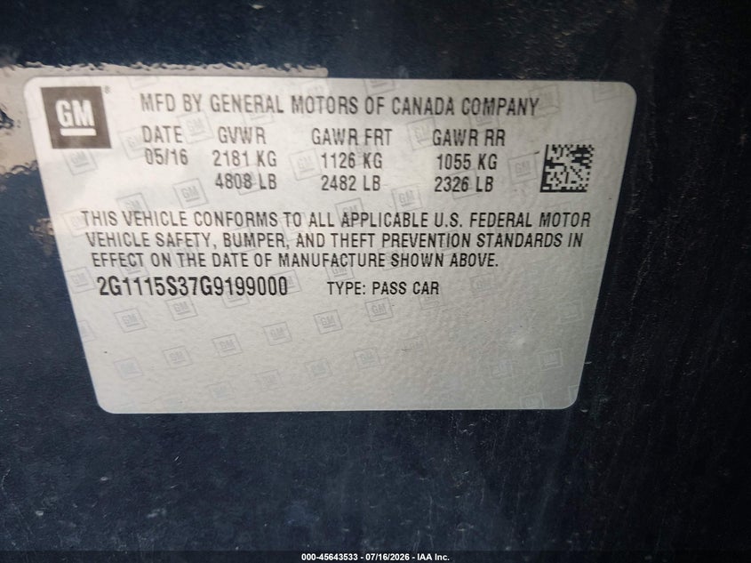 2016 Chevrolet Impala 2Lt VIN: 2G1115S37G9199000 Lot: 45643533