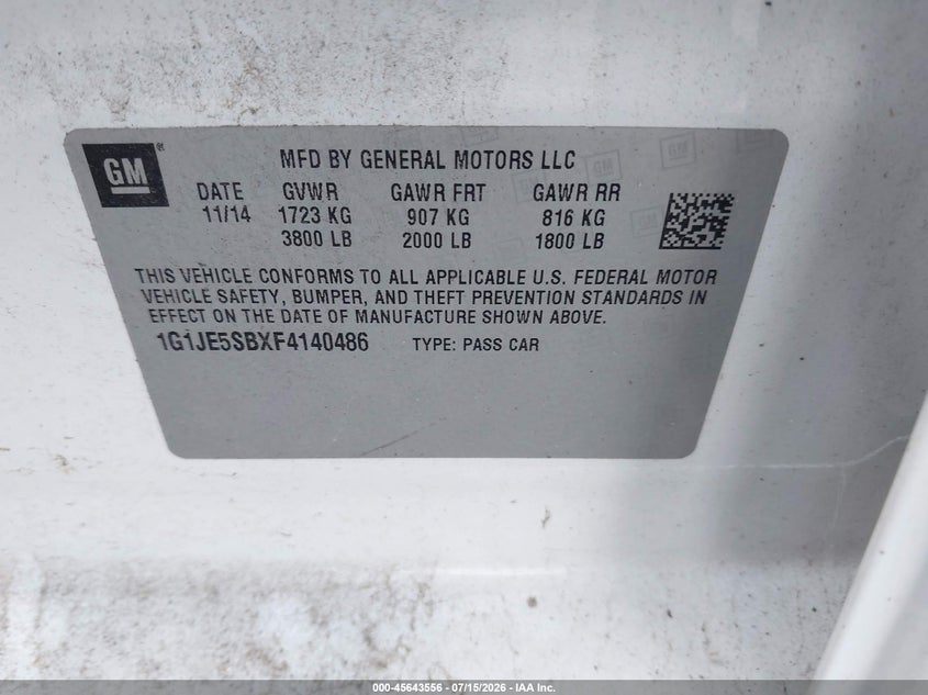 2015 Chevrolet Sonic Ltz Auto VIN: 1G1JE5SBXF4140486 Lot: 45643556