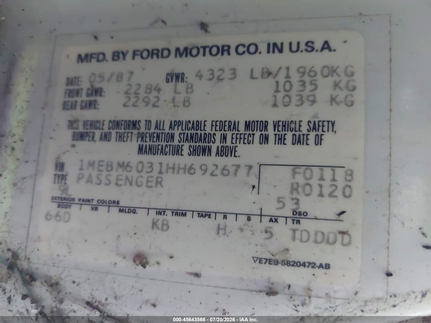 1987 Mercury Cougar Ls VIN: 1MEBM6031HH692677 Lot: 45643566