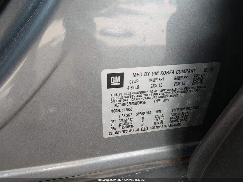 2021 Chevrolet Trailblazer Fwd Ls VIN: KL79MMS25MB005896 Lot: 45643572