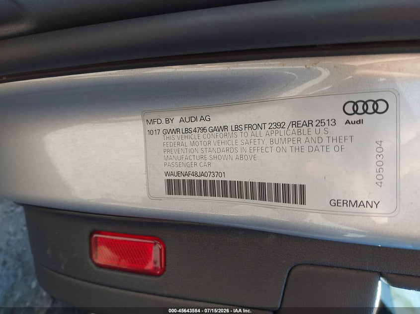 2018 Audi A4 2.0T Premium/2.0T Tech Premium VIN: WAUENAF48JA073701 Lot: 45643584