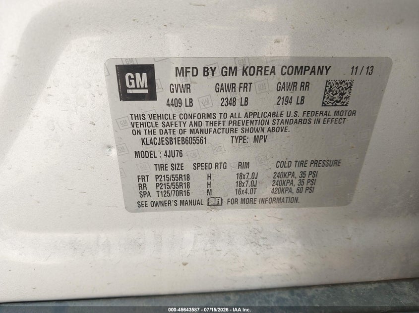 2014 Buick Encore VIN: KL4CJESB1EB605561 Lot: 45643587