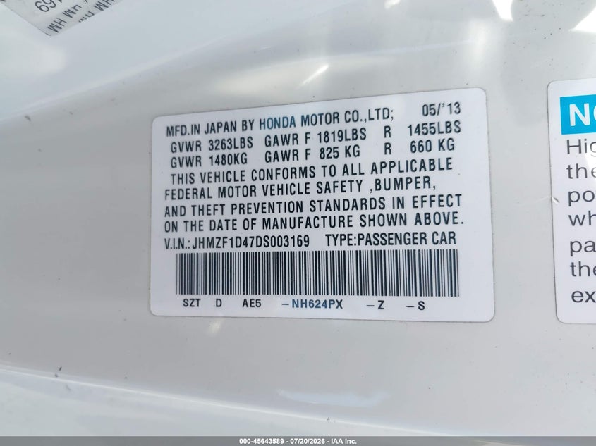 2013 Honda Cr-Z VIN: JHMZF1D47DS003169 Lot: 45643589