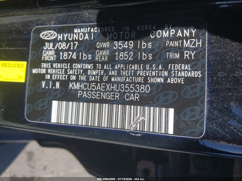 2017 Hyundai Accent Sport VIN: KMHCU5AEXHU355380 Lot: 45643590