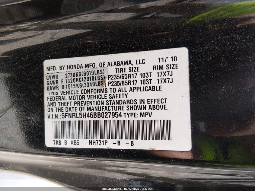 2011 Honda Odyssey Ex VIN: 5FNRL5H46BB027954 Lot: 45643614