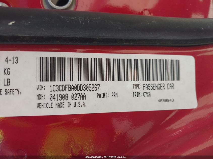 2013 Dodge Dart Sxt VIN: 1C3CDFBA0DD305267 Lot: 45643629