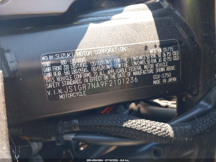 2015 Suzuki Gsx-S750 VIN: JS1GR7NA9F2101236 Lot: 45643664