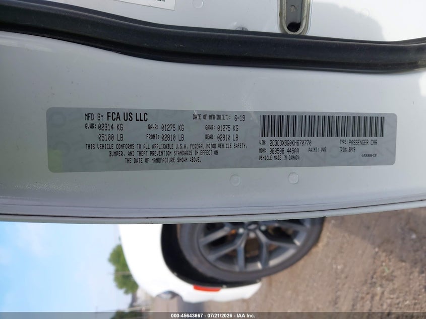 2019 Dodge Charger Sxt Rwd VIN: 2C3CDXBG0KH670770 Lot: 45643667