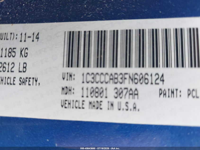 2015 Chrysler 200 Limited VIN: 1C3CCCAB3FN606124 Lot: 45643668