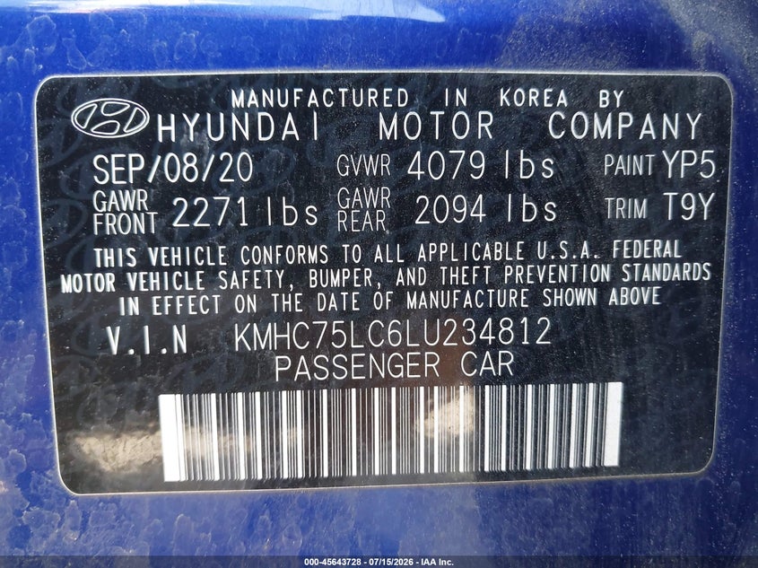2020 Hyundai Ioniq Hybrid Se VIN: KMHC75LC6LU234812 Lot: 45643728