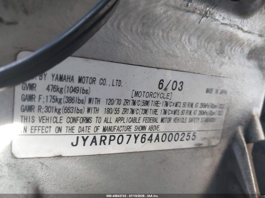 2004 Yamaha Fjr1300 VIN: JYARP07Y64A000255 Lot: 45643743
