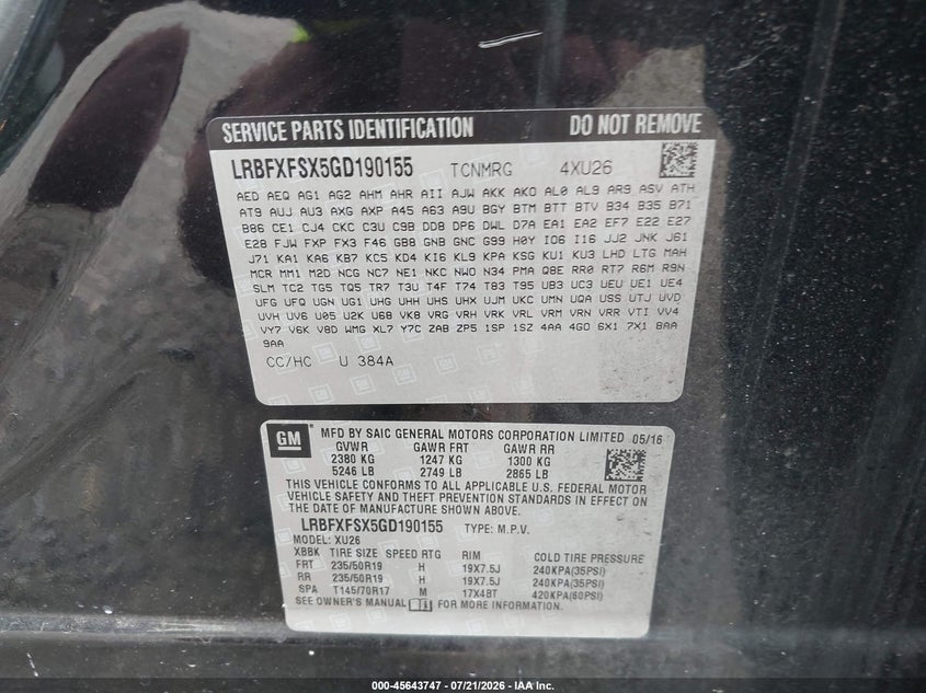 2016 Buick Envision Premium Ii VIN: LRBFXFSX5GD190155 Lot: 45643747