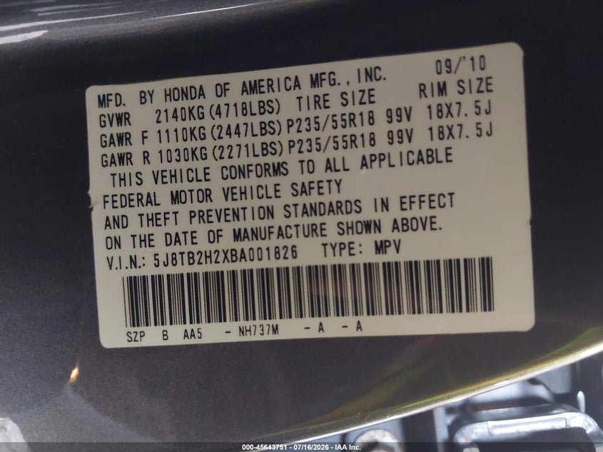 2011 Acura Rdx VIN: 5J8TB2H2XBA001826 Lot: 45643751