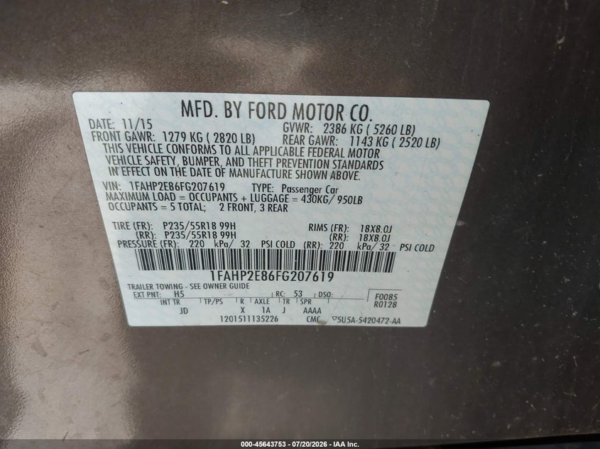 2015 Ford Taurus Sel VIN: 1FAHP2E86FG207619 Lot: 45643753