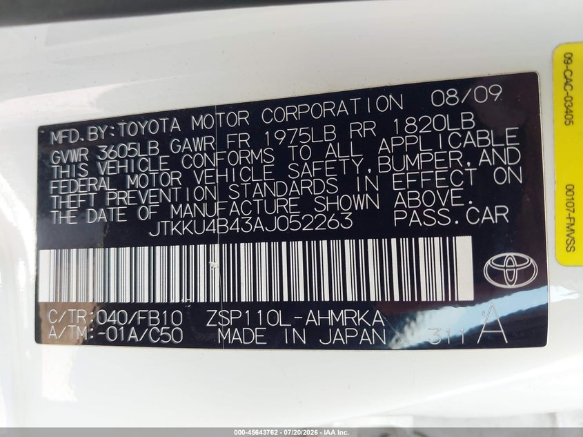 2010 Scion Xd VIN: JTKKU4B43AJ052263 Lot: 45643762