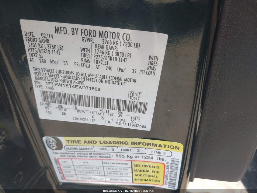 2014 FORD F-150 TRUCK 3.5L V6 FI DOHC 24V NF4