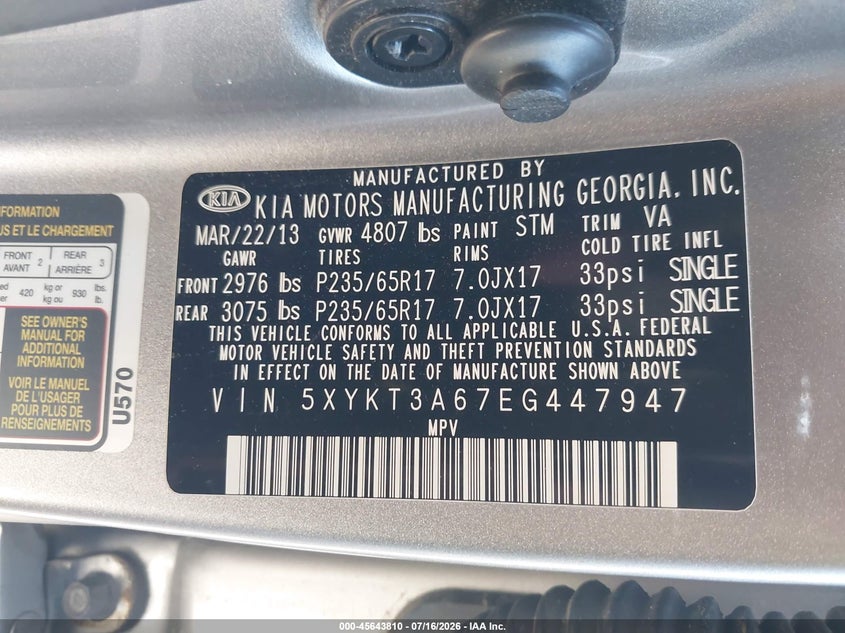 KIA SORENTO 2014 VIN 5XYKT3A67EG447947