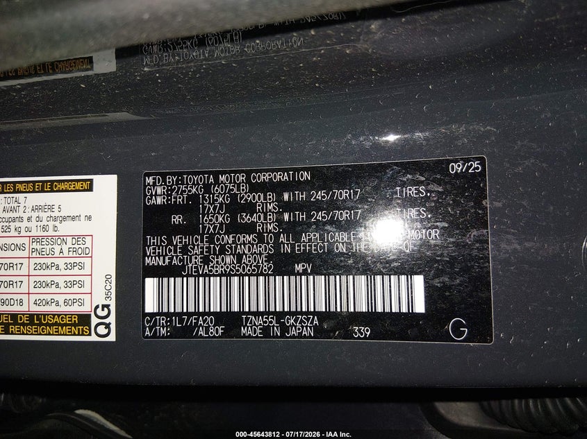 2025 Toyota 4Runner Sr5 VIN: JTEVA5BR9S5065782 Lot: 45643812