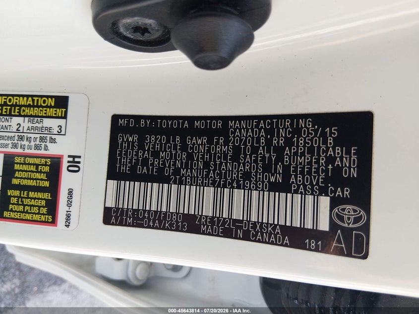 2015 Toyota Corolla S Plus VIN: 2T1BURHE7FC419690 Lot: 45643814