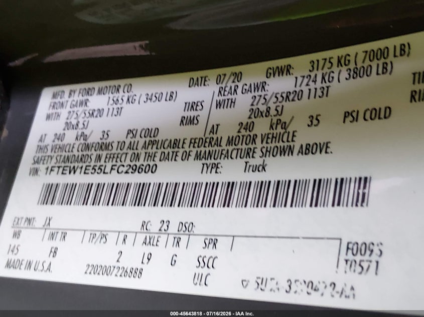 2020 FORD F-150 PICKUP 5.0L V8 FI DOHC 32V NF4