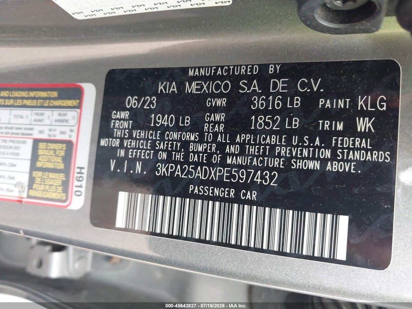 2023 Kia Rio 5-Door S VIN: 3KPA25ADXPE597432 Lot: 45643827