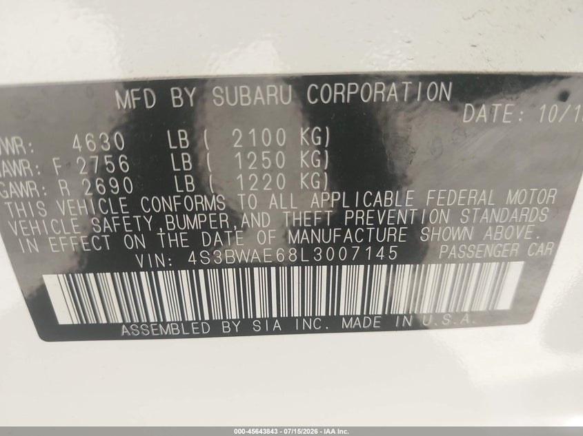 2020 Subaru Legacy Premium VIN: 4S3BWAE68L3007145 Lot: 45643843