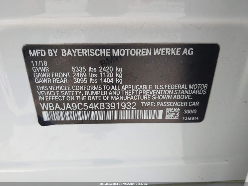 2019 BMW 530E Iperformance VIN: WBAJA9C54KB391932 Lot: 45643851