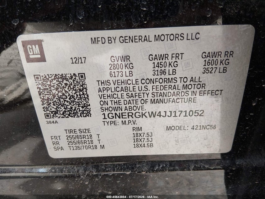 2018 Chevrolet Traverse Lt Cloth VIN: 1GNERGKW4JJ171052 Lot: 45643884