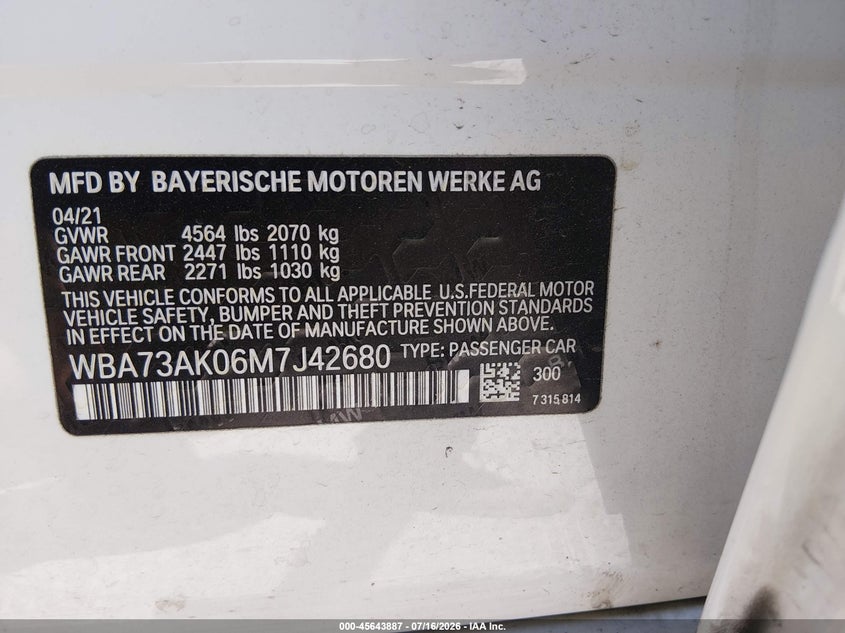 2021 BMW 228I Gran Coupe xDrive VIN: WBA73AK06M7J42680 Lot: 45643887