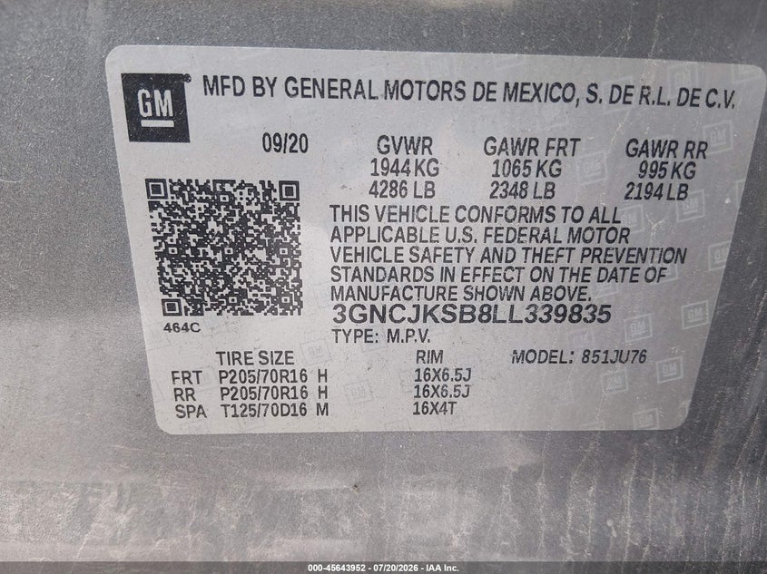 2020 Chevrolet Trax Fwd Ls VIN: 3GNCJKSB8LL339835 Lot: 45643952
