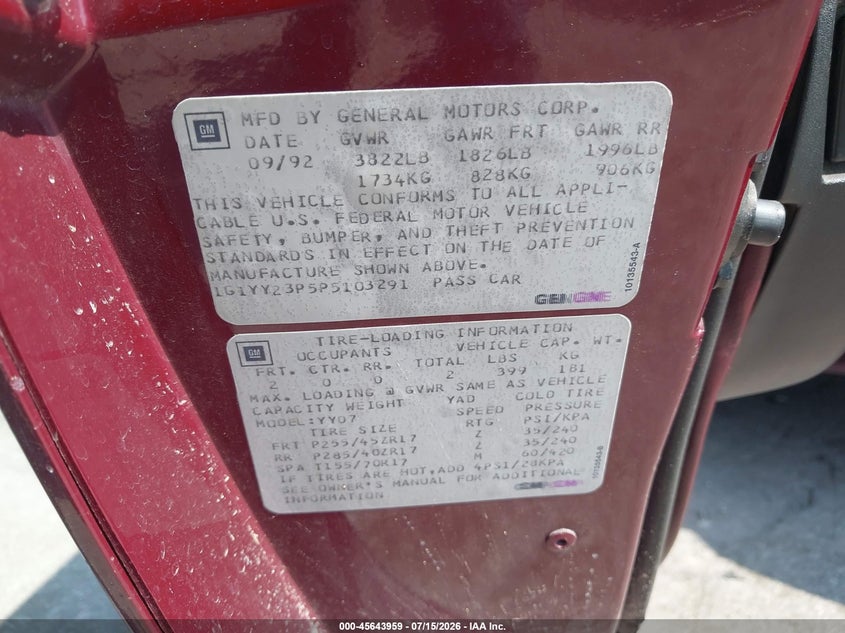 1993 Chevrolet Corvette VIN: 1G1YY23P5P5103291 Lot: 45643959
