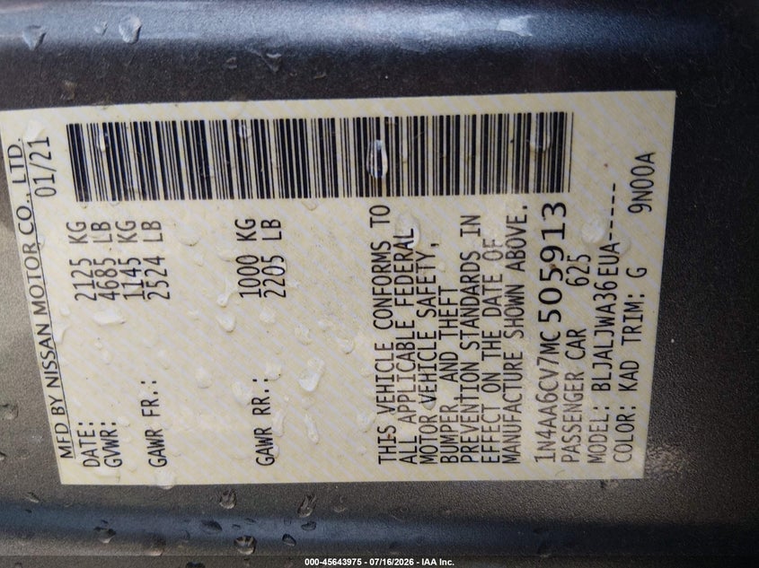 2021 Nissan Maxima Sv Xtronic Cvt VIN: 1N4AA6CV7MC505913 Lot: 45643975