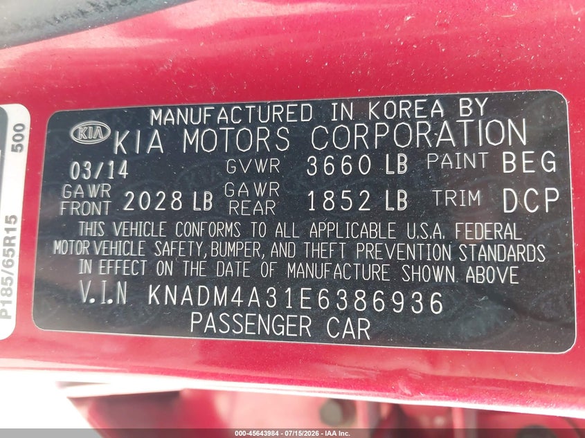 2014 Kia Rio Lx VIN: KNADM4A31E6386936 Lot: 45643984
