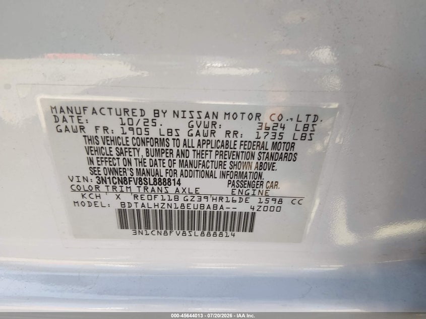 2025 Nissan Versa 1.6 Sr VIN: 3N1CN8FV8SL888814 Lot: 45644013
