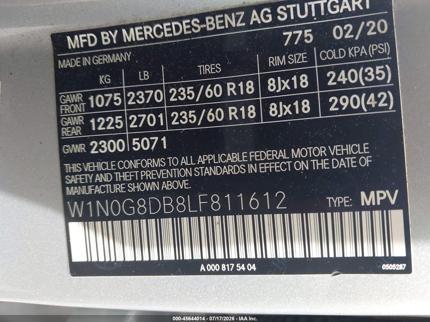 2020 Mercedes-Benz Glc 300 VIN: W1N0G8DB8LF811612 Lot: 45644014