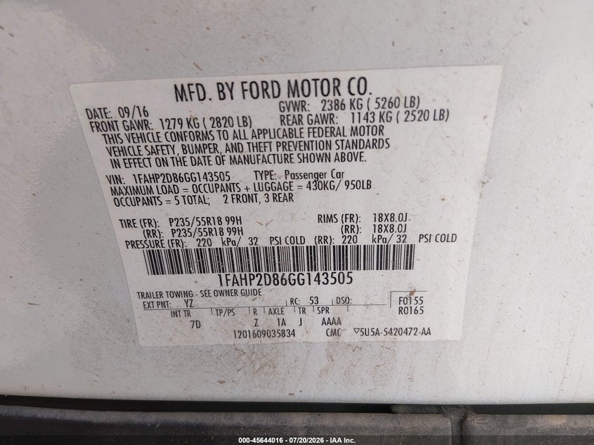 2016 Ford Taurus Se VIN: 1FAHP2D86GG143505 Lot: 45644016