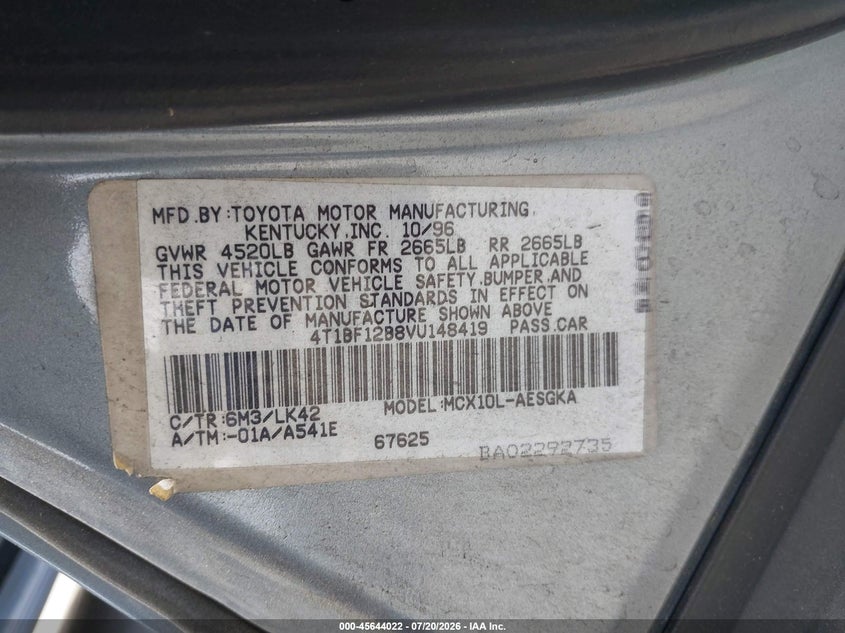 1997 Toyota Avalon Xls VIN: 4T1BF12B8VU148419 Lot: 45644022