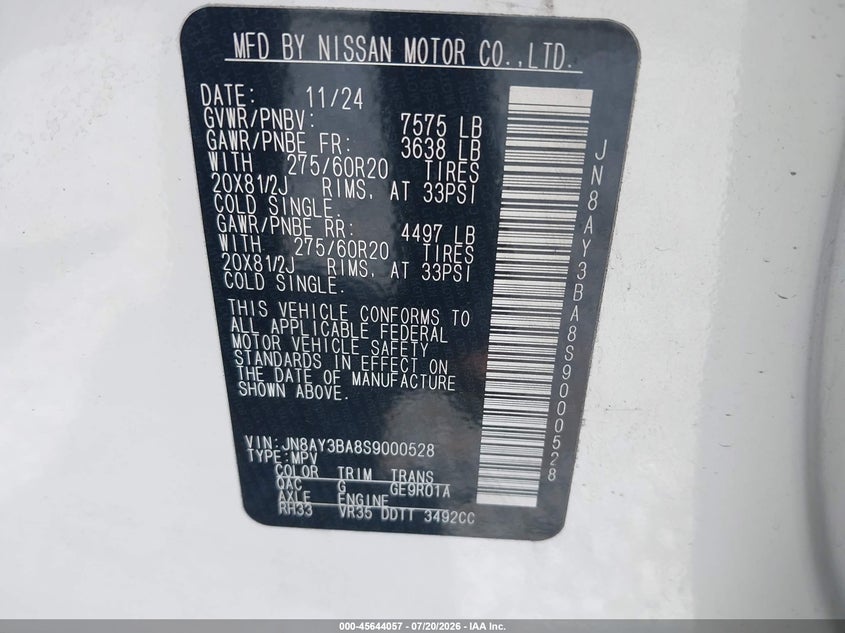 2025 Nissan Armada Sl 2Wd VIN: JN8AY3BA8S9000528 Lot: 45644057
