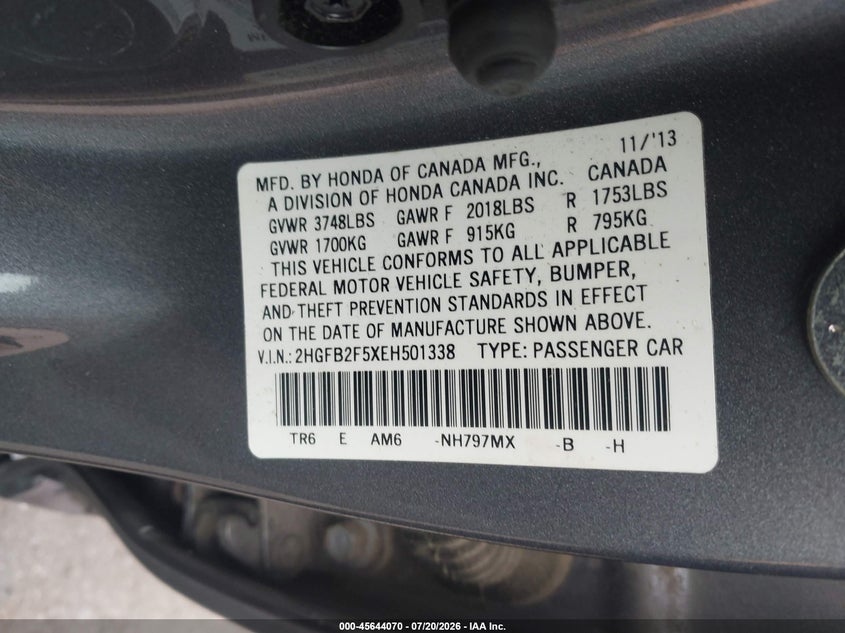 2014 HONDA CIVIC SEDAN 1.8L I-4 VVT, 143HP